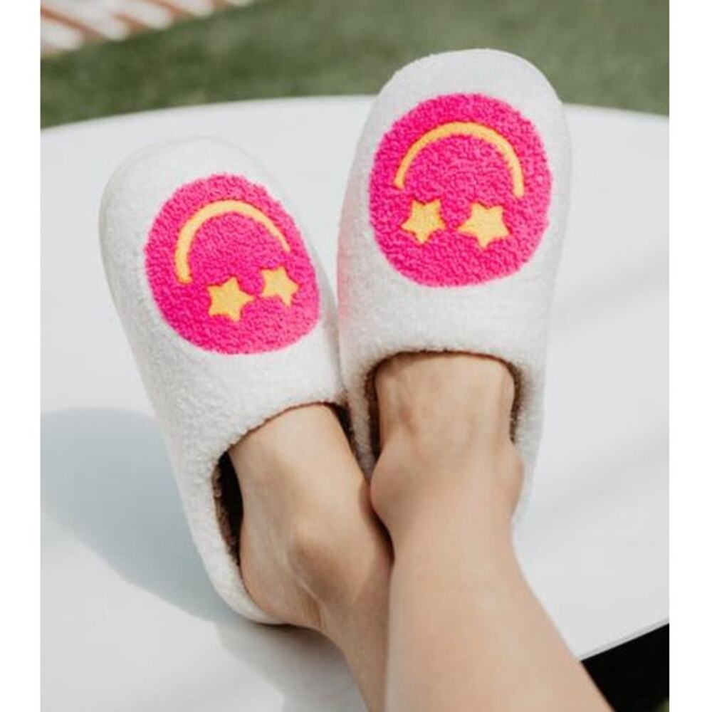 Katydid Star Eyed Happy Face Slippers Hot Pink White Plush Slip On Women's 8/9